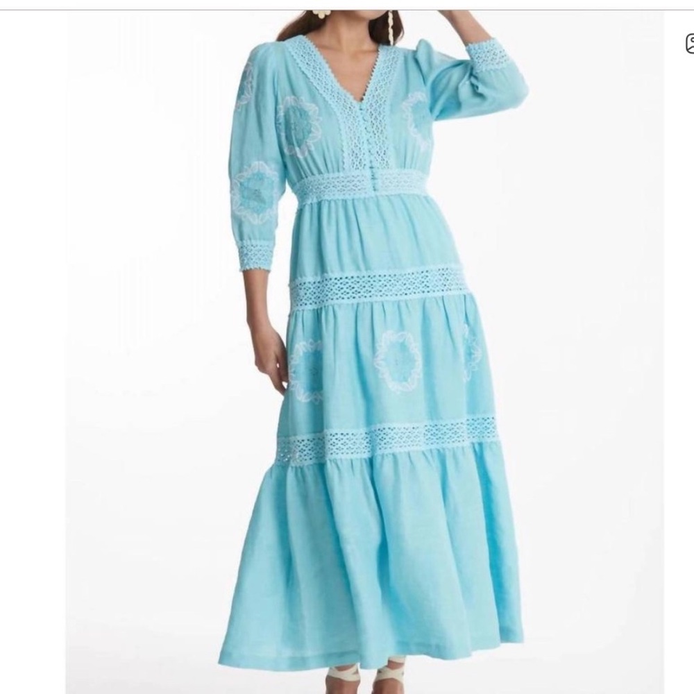 Tyler Boe Celia Embroidered Floral Blue Linen Maxi Dress - Large
